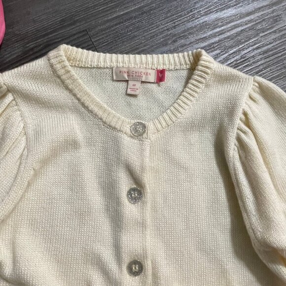 PINK CHICKEN Girls 6Y Cream Red Heart Pocket Glitter Buttons Cardigan Sweater - Picture 5 of 10